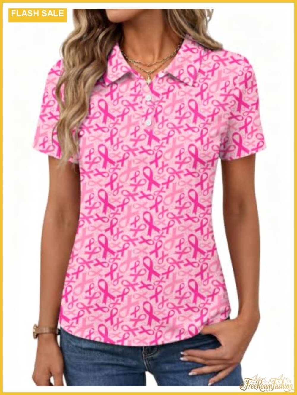 Womens Pink Ribbon Breast Cancer Awareness Polo Shirt Golf Top